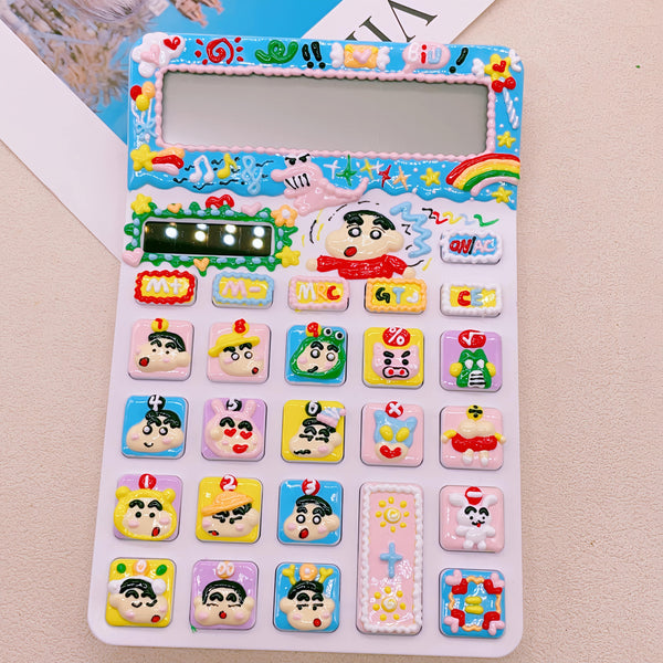 DIY Hand-Painted Crayon Shin-Chan Calculator, Dual Power (Battery & Solar), Unique Handmade Desk Decor for Students Office