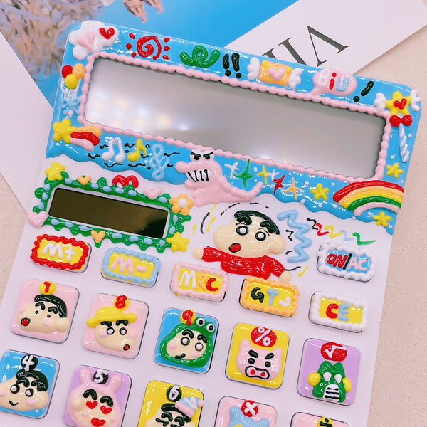 DIY Hand-Painted Crayon Shin-Chan Calculator, Dual Power (Battery & Solar), Unique Handmade Desk Decor for Students Office